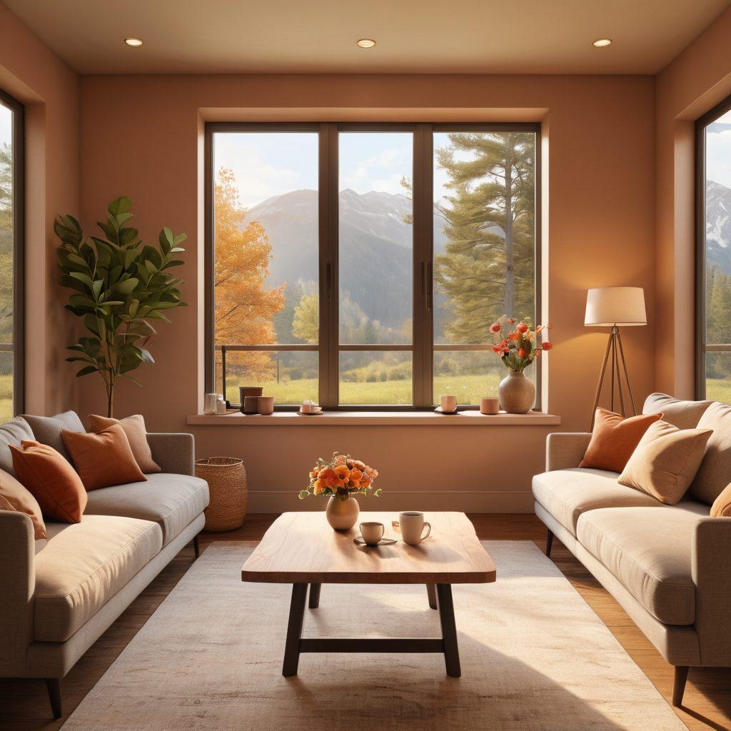 A serene and cozy living room setting featuring a couple sharing an intimate moment, surrounded by soft lighting and warm colors. Include elements like a heart-shaped decor, a vase with fresh flowers, and a small coffee table with two mugs. In the background, display a peaceful view of nature through the window. Emphasize warmth and connection. super-realistic. warm colors. soft focus.