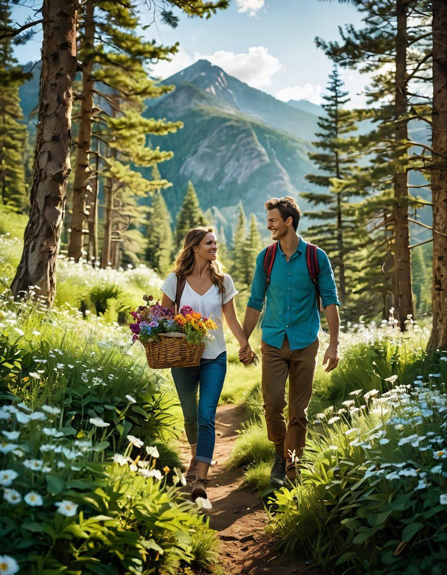 A couple hiking hand-in-hand through a lush forest, smiles on their faces, surrounded by blooming flowers and sunlight filtering through the trees. In the background, a picturesque mountain range represents adventure and exploration, while a picnic setup with a blanket and basket symbolizes cherished memories. The scene should evoke warmth, love, and the beauty of nature. super-realistic. vibrant colors. soft focus.