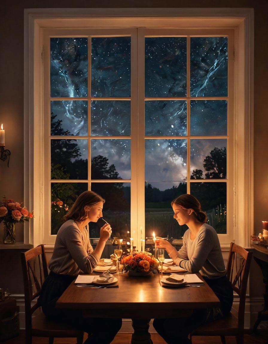A cozy, candlelit dinner setting for two with soft, romantic lighting, surrounded by beautiful flowers and a starry night sky visible through a window. Include a couple engaged in heartfelt conversation, showcasing deep emotional connection, while an open notebook reflects their shared dreams and adventures. Artistic touches of warmth and intimacy create an inviting atmosphere. super-realistic. warm colors. intimate setting.